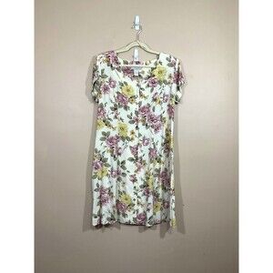 VTG Womens Floral Knee Length Button Front Dress L Ivory Cottagecore 90s Party